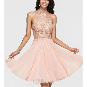 NWT JJs House Chiffon Halter A Line Knee Length Homecoming Dress Beading Blush 4